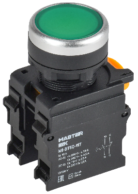 Кнопка с фиксацией d=22мм 1NO+1NC зелёная MASTER IEK