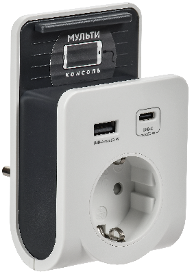 Адаптер Т-03/01 1 место 2P+PE 16А 2хUSB A+C 20Вт с подставкой бело-черный IEK