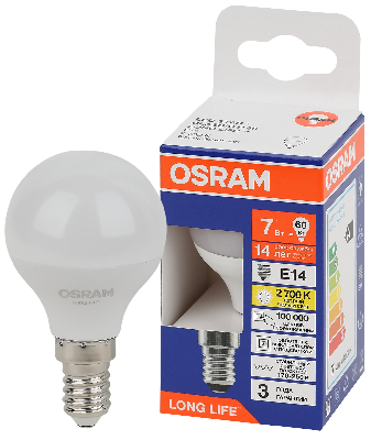 Лампа светодиодная LED 7Вт Е14 2700К 600Лм шар 220В (замена 60Вт) OSRAM