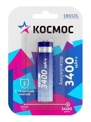 Аккумулятор 3400мАч 18650 Li-ion 1BL, Космос