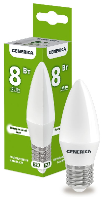Лампа светодиодная C35 свеча 8Вт 230В 4000К E27 GENERICA