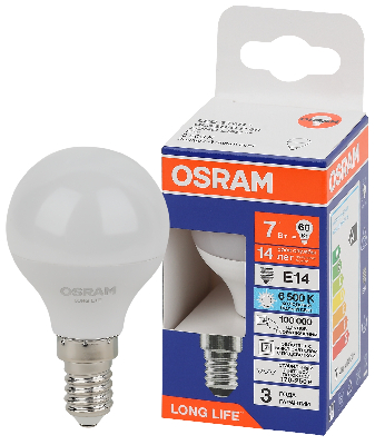 Лампа светодиодная LED 7Вт Е14 6500К 600Лм шар 220В (замена 60Вт) OSRAM