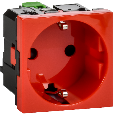 Розетка с заземлением  -  безвинтовые зажимы - со шторками 16А 250В - 90°- 2 модуля - красный