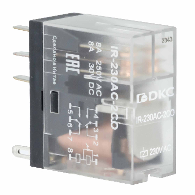 Реле миниатюрное промышленное, 2CO, ком. ток 8А, AgSnO2, напряжение 230V AC, опция: светодиод