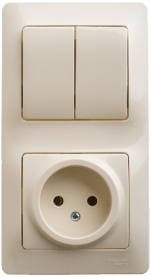 Блок: розетка + выключатель двухклавишный бежевый