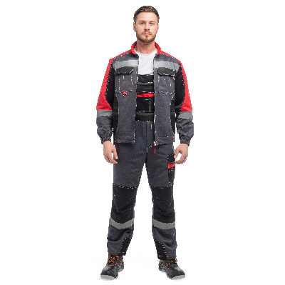 Костюм ФОРМУЛА с СОП летний куртка ткань, полукомбинезон, темно-серый с красной и черной отделкой 52-54 104-108,182-188