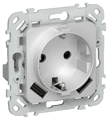 FLITE Розетка 1-местная с заземлением с защитными шторками 16А с USB A+A 3,1А безвинтовое крепление РСЮша11-1-ФлА алюминий IEK