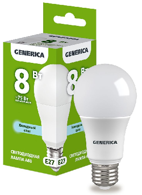 Лампа светодиодная A60 груша 8Вт 230В 6500К E27 GENERICA