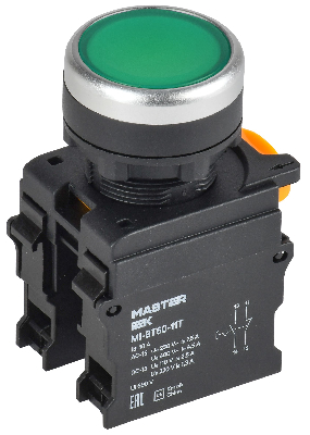 Кнопка с фиксацией d=22мм 1NO+1NC зелёная MASTER IEK