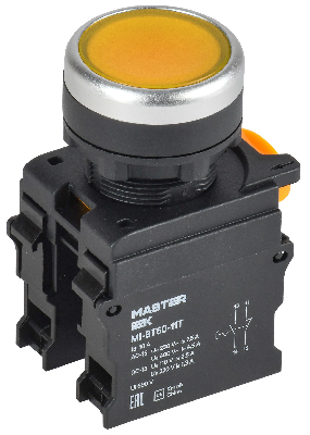 Кнопка с фиксацией d=22мм 1NO+1NC жёлтая MASTER IEK