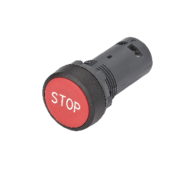 Кнопка моноблочная 22мм красная с возвратом, с маркировкой STOP, пластик, 1НО+1НЗ, IP65 SB7