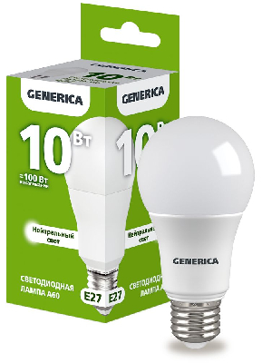 Лампа светодиодная A60 груша 10Вт 230В 4000К E27 GENERICA