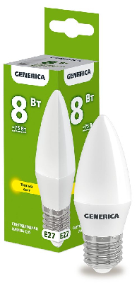 Лампа светодиодная C35 свеча 8Вт 230В 3000К E27 GENERICA