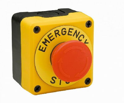 "Пост управления однокнопочный (кнопка аварийная ""Грибок"" 40мм, 1НЗ, возврат поворотом, с маркировкой), жёлтый-чёрный цвет, cерия P, пластиковый корпус (250В AC, 4А), IP65"