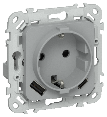 FLITE Розетка 1-местная с заземлением с защитными шторками 16А с USB A+C 20Вт безвинтовое крепление РСЮшс11-1-ФлС серый IEK