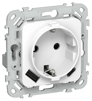 FLITE Розетка 1-местная с заземлением с защитными шторками 16А с USB A+C 20Вт безвинтовое крепление РСЮшс11-1-ФлБ белый IEK