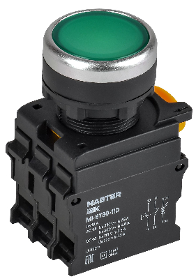 Кнопка с подсветкой d=22мм 1NO+1NC зелёная MASTER IEK