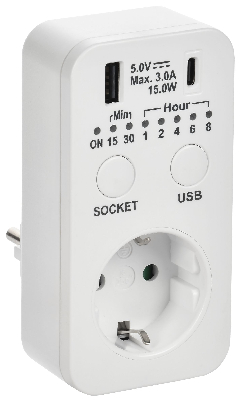 РТЭ-4 Розетка-таймер электронный с USB A+C        15мин-8ч 16А IP20 белый IEK