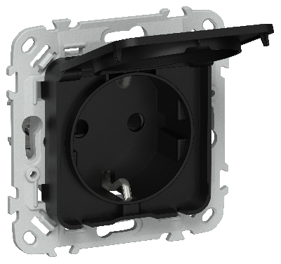 FLITE Розетка с заземлением с защитными шторками и крышкой безвинтовое крепление 16А IP44 РСшкр11-1-44-ФлЧ черный IEK