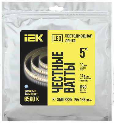 Лента светодиодная 5м SMD2835 168LED/м 14Вт/м IP20 ширина 10мм 24В холодный белый IEK
