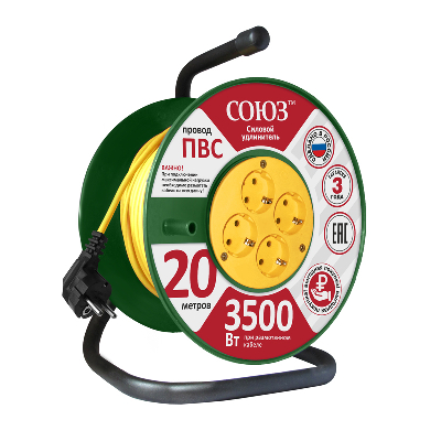 Удлинитель ТМ Союз силовой на катушке с 4 гнезда 3500 Вт с заземлением 20м