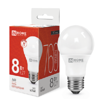 Лампа светодиодная LED-A60-VC 8Вт 230В Е27 4000К 760Лм IN HOME